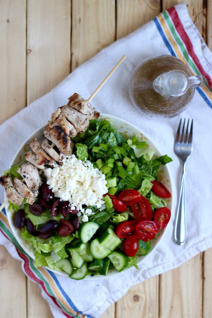 Greek Salad with Grilled Chicken Kebabs