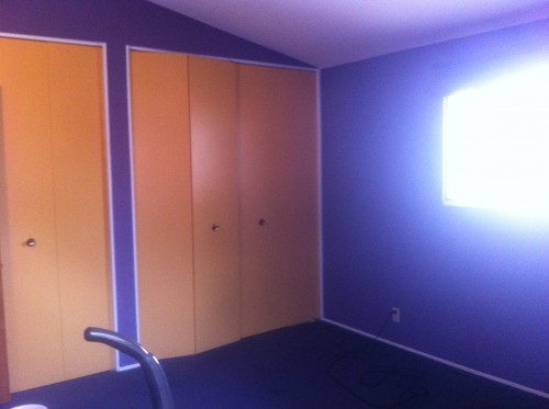 The deep dark eggplant purple walls and carpet with accenting yellow closet doors. 