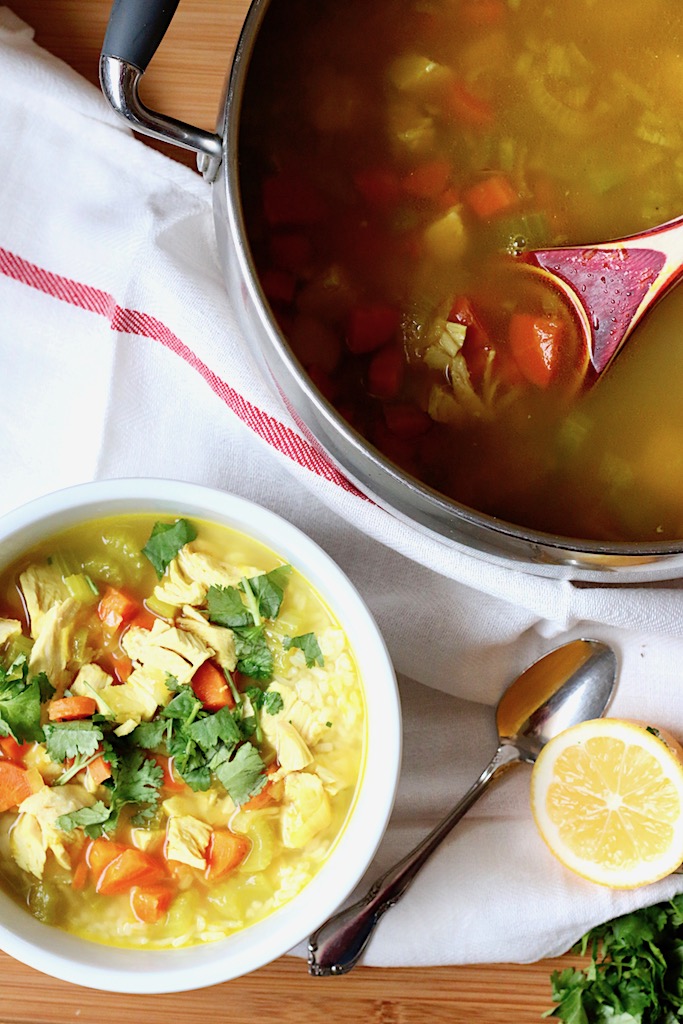 Lemon Ginger Turmeric Chicken and Rice Soup - Closet Cooking